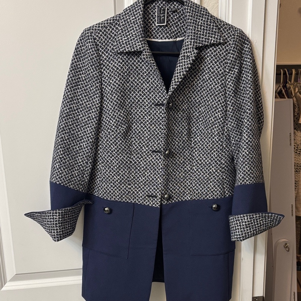 Nicole Miller Navy and White Geometric Coat